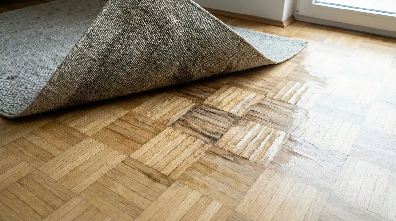 Tappeto bagnato sollevato che mostra danni da umidità su parquet