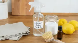 Ingredienti naturali per un detergente bagno fai da te su un piano in legno