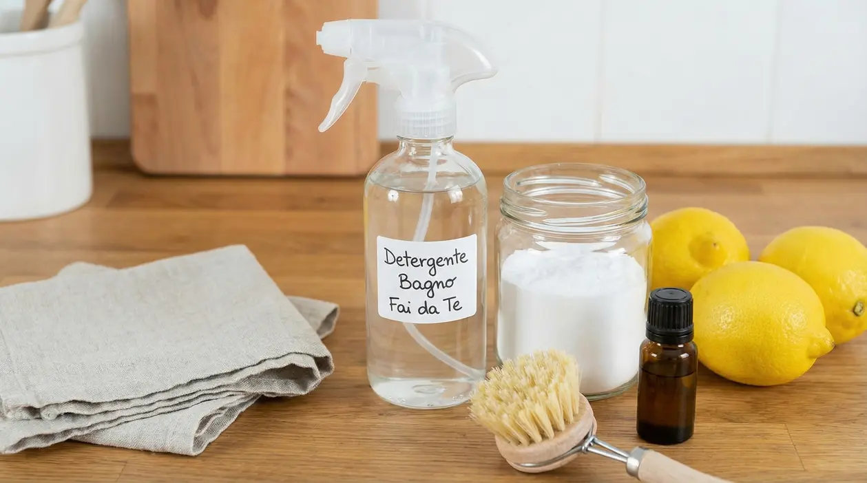 Ingredienti naturali per un detergente bagno fai da te su un piano in legno