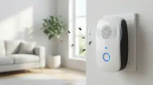 Dispositivo elettronico antizanzare collegato a una presa in un soggiorno moderno