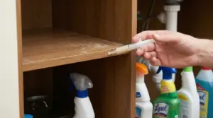 Applicazione di gel antiblattete all'interno di un mobile sotto il lavandino.