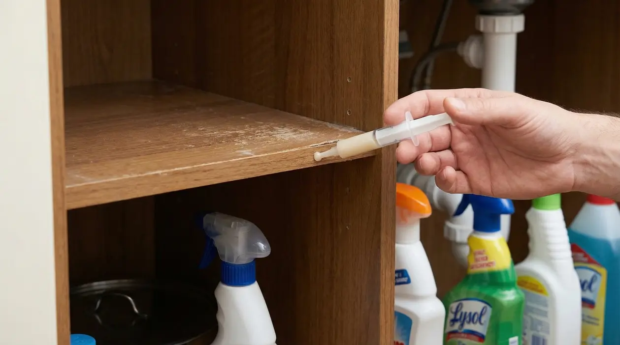 Applicazione di gel antiblattete all'interno di un mobile sotto il lavandino.