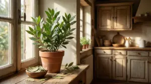 Pianta di alloro in vaso su davanzale di cucina rustica con luce naturale