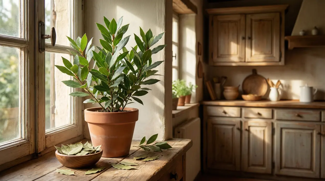 Pianta di alloro in vaso su davanzale di cucina rustica con luce naturale