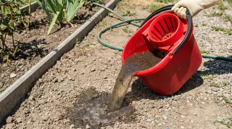 Secchio rosso con acqua sporca del mocio versata su terreno in giardino.