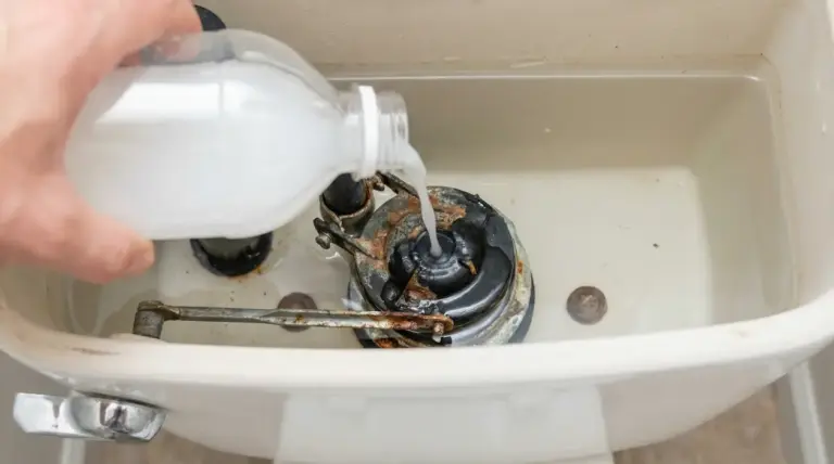 Una mano versa un liquido bianco nel serbatoio di uno sciacquone WC