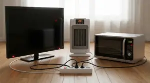 Televisore, stufetta elettrica e forno a microonde collegati a una multipresa