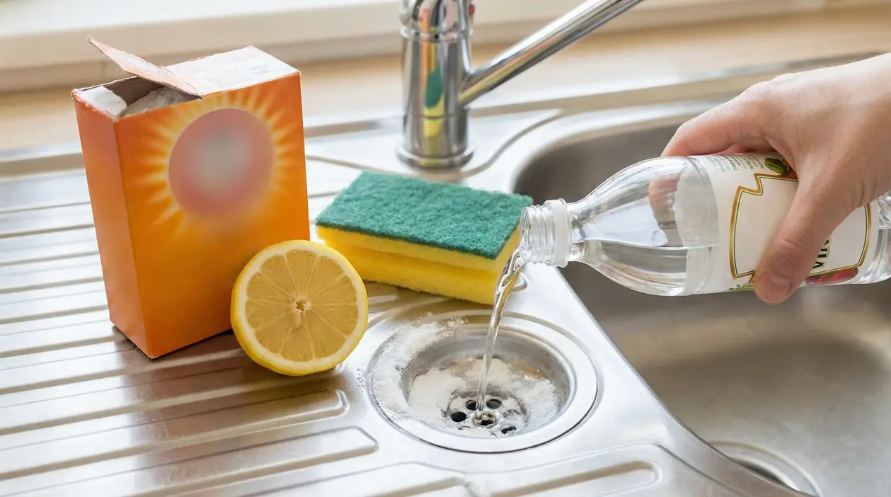 Rimedio casalingo con aceto, limone e bicarbonato per eliminare odori dal lavandino