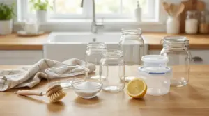Barattoli e contenitori vuoti su un piano cucina con limone, bicarbonato e spazzola