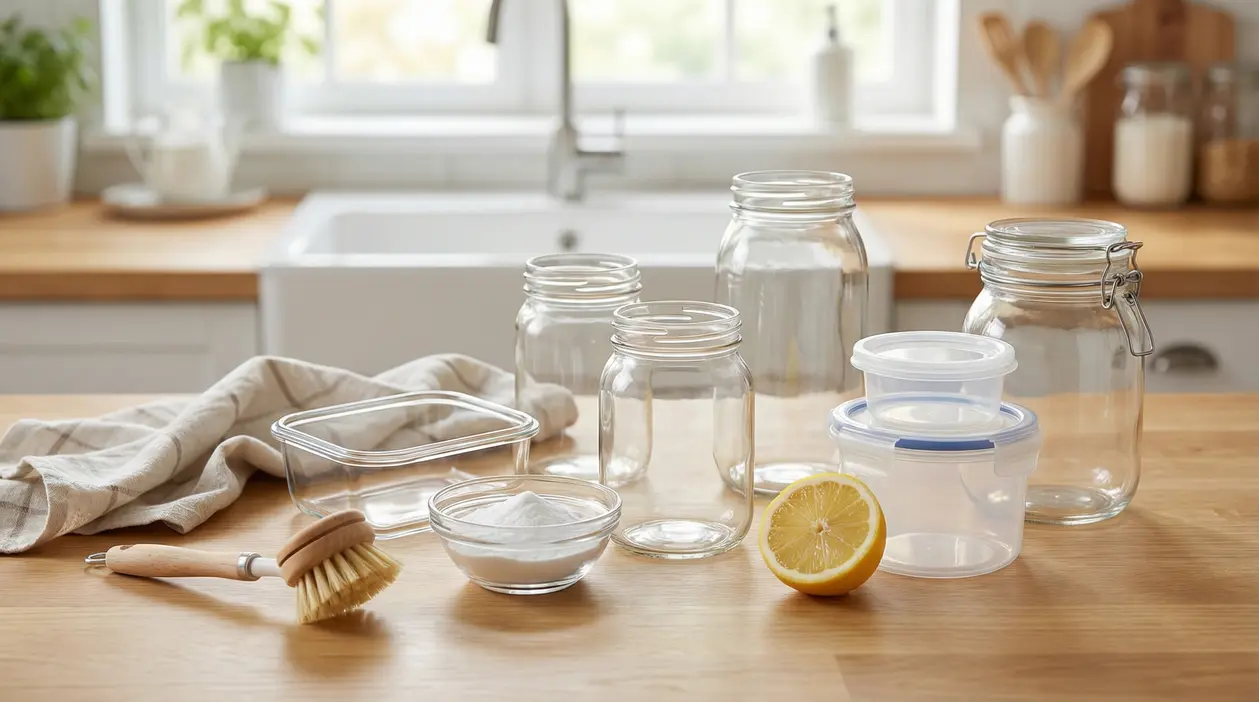Barattoli e contenitori vuoti su un piano cucina con limone, bicarbonato e spazzola