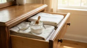 Barattolo di bicarbonato in un cassetto con asciugamani piegati