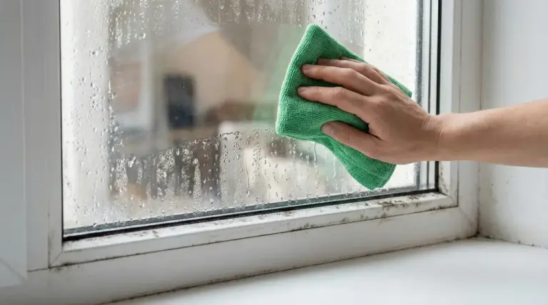 Una mano asciuga la condensa su una finestra con un panno verde