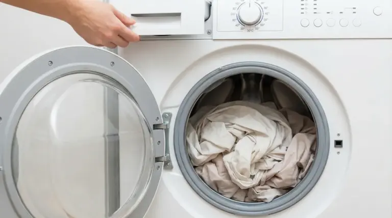 Lenzuola chiare all'interno di una lavatrice con sportello aperto