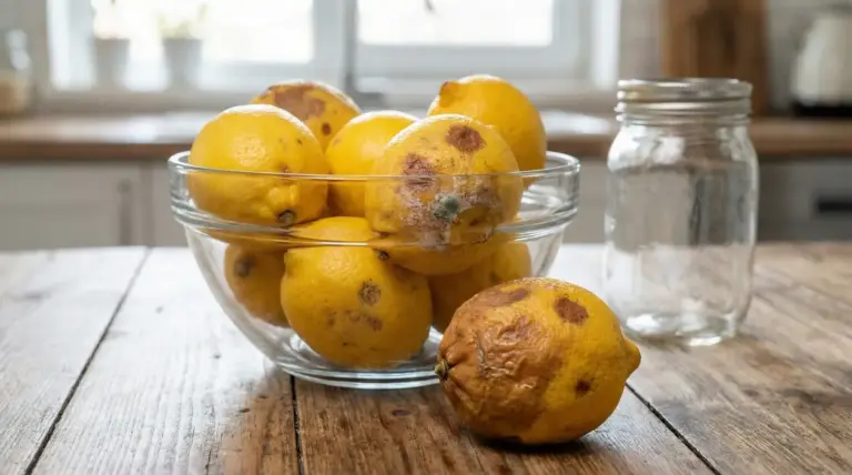 Limoni marci con macchie scure in una ciotola di vetro su un tavolo di legno