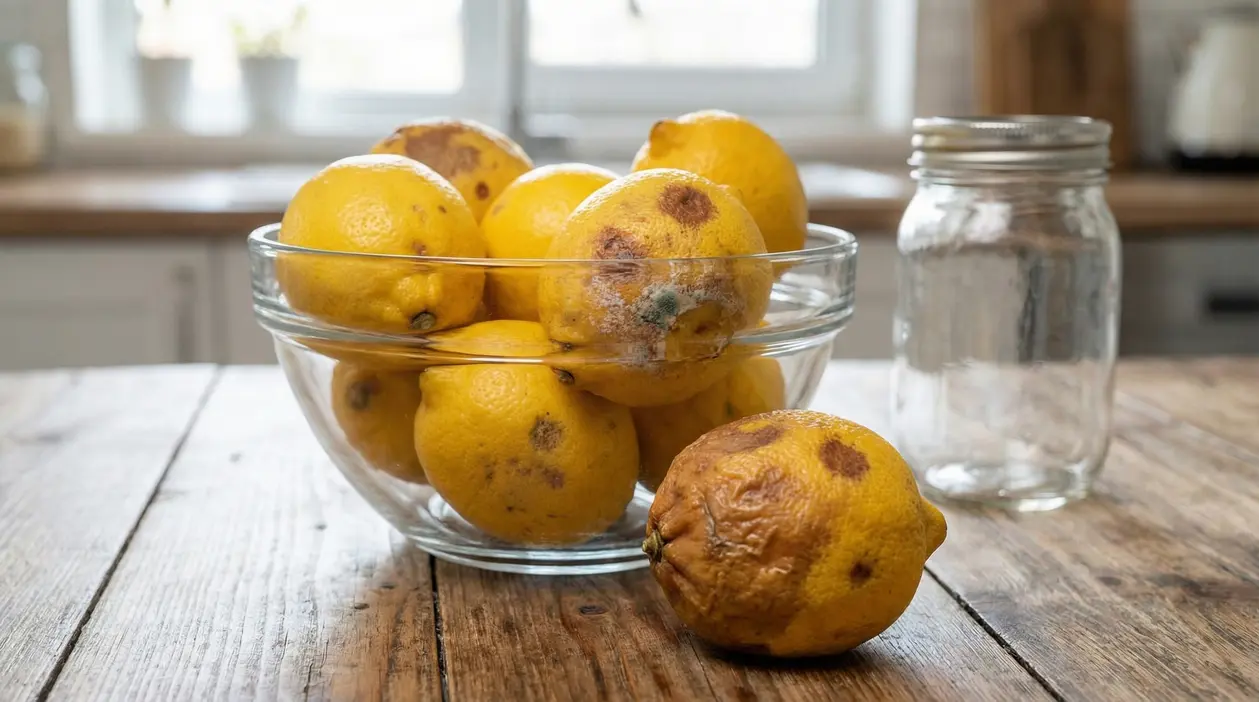 Limoni marci con macchie scure in una ciotola di vetro su un tavolo di legno