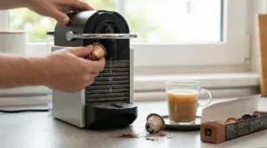 Una persona inserisce una capsula in una macchina per il caffè a capsule con una tazza accanto