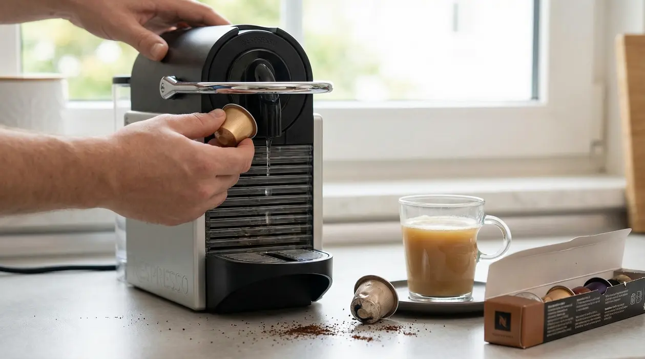 Una persona inserisce una capsula in una macchina per il caffè a capsule con una tazza accanto