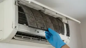 Filtro di condizionatore molto sporco rimosso da una persona con guanto blu