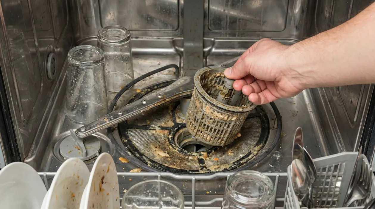 Filtro sporco rimosso da una lavastoviglie con residui di cibo e stoviglie non pulite