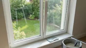 Finestra appena pulita con aloni e secchio con acqua sporca sul davanzale