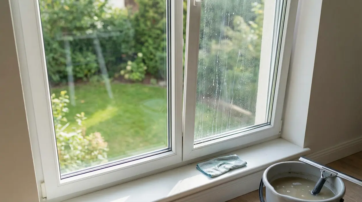 Finestra appena pulita con aloni e secchio con acqua sporca sul davanzale