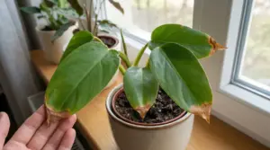 Foglie di una pianta in vaso con punte marroni accanto a una finestra