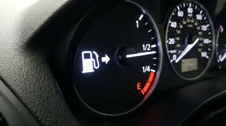 Indicatore del livello carburante con freccia accanto al simbolo della pompa di benzina su un cruscotto auto