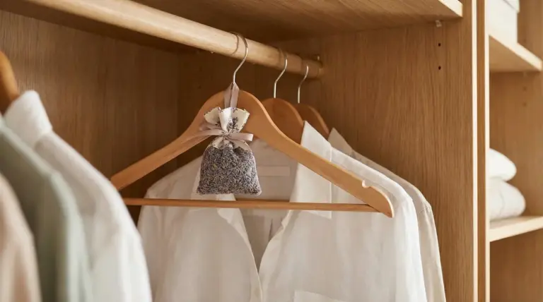 Sacco profumato appeso a una gruccia in un armadio con camicie bianche