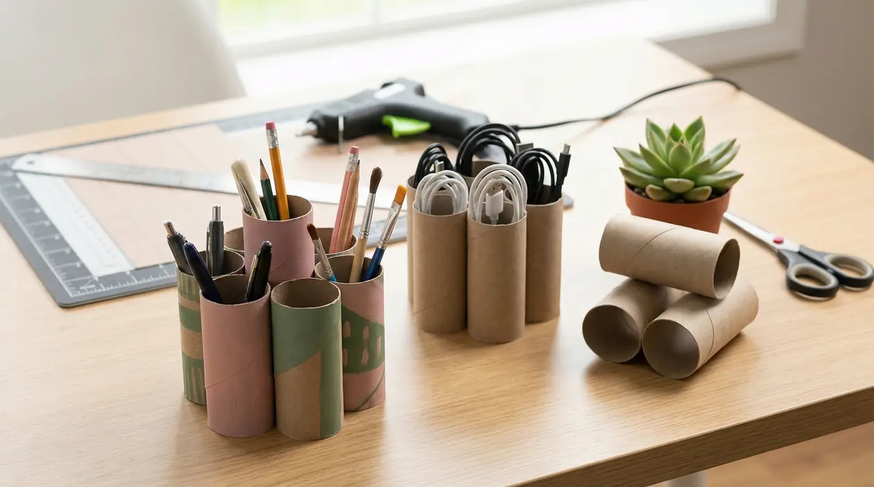 Rotoli di carta igienica riutilizzati come organizer per penne, cavi e oggetti da ufficio su un tavolo