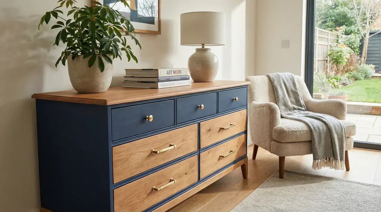 Cassettiera restaurata in legno e blu scuro accanto a una poltrona in un salotto luminoso