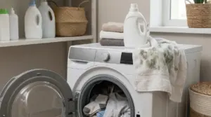 Asciugamano macchiato sopra una lavatrice con indumenti all'interno