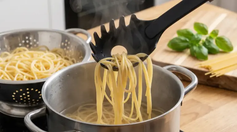 Mestolo forato che solleva spaghetti da una pentola d'acqua bollente