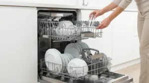 Una persona carica dei bicchieri in una lavastoviglie aperta con piatti e posate ordinati