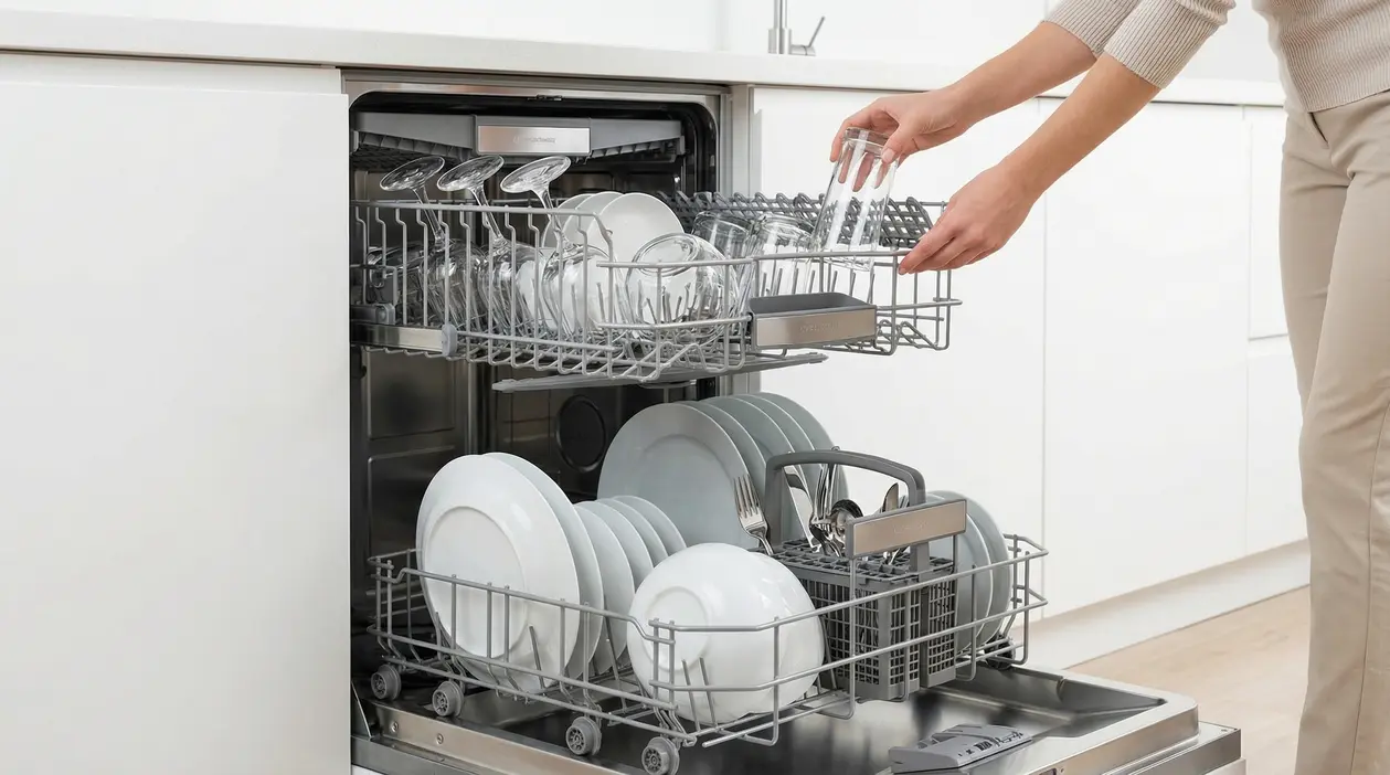 Una persona carica dei bicchieri in una lavastoviglie aperta con piatti e posate ordinati