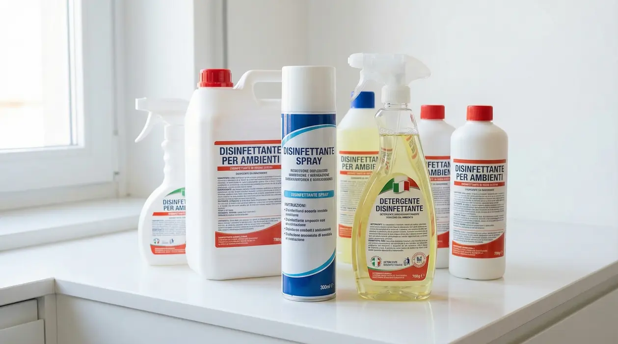 Vari flaconi di detergenti e disinfettanti su un piano bianco accanto a una finestra.