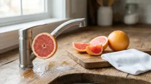 Mezzo pompelmo strofinato su un rubinetto da cucina con sale sparso su un piano in legno