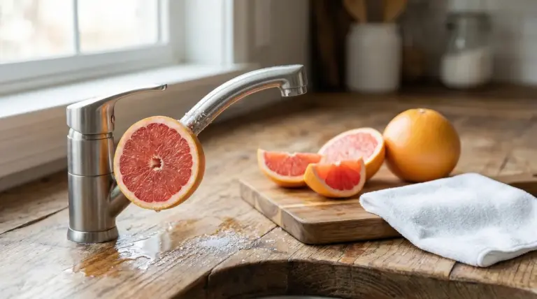 Mezzo pompelmo strofinato su un rubinetto da cucina con sale sparso su un piano in legno