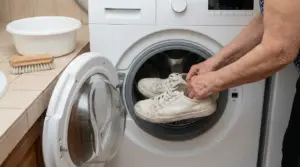 Una persona inserisce un paio di scarpe da ginnastica bianche in una lavatrice aperta