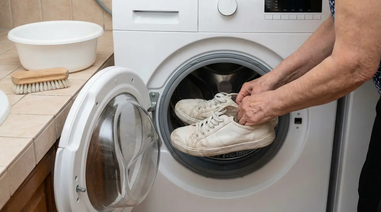 Una persona inserisce un paio di scarpe da ginnastica bianche in una lavatrice aperta