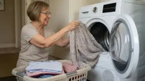 Una persona anziana estrae dei panni dall’asciugatrice con un cesto di bucato accanto