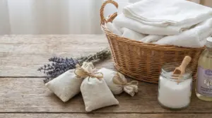 Cesto con biancheria pulita, sacchetti di stoffa, lavanda e sali profumati su un tavolo di legno
