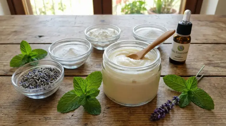 Ingredienti naturali per un deodorante fatto in casa su un tavolo di legno