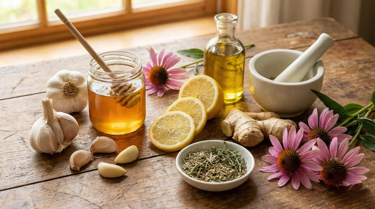 Ingredienti naturali come aglio, miele, limone, zenzero e erbe su un tavolo di legno