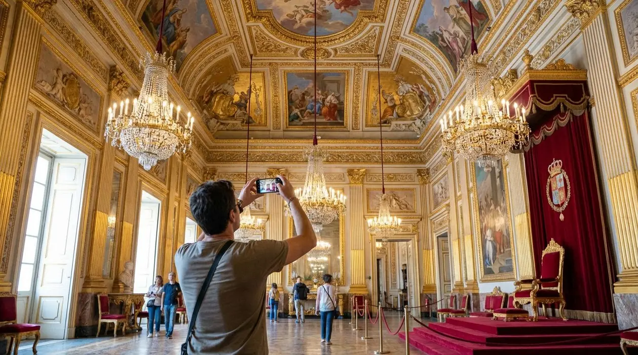 Visitatori all'interno di una sala riccamente decorata della Reggia di Caserta