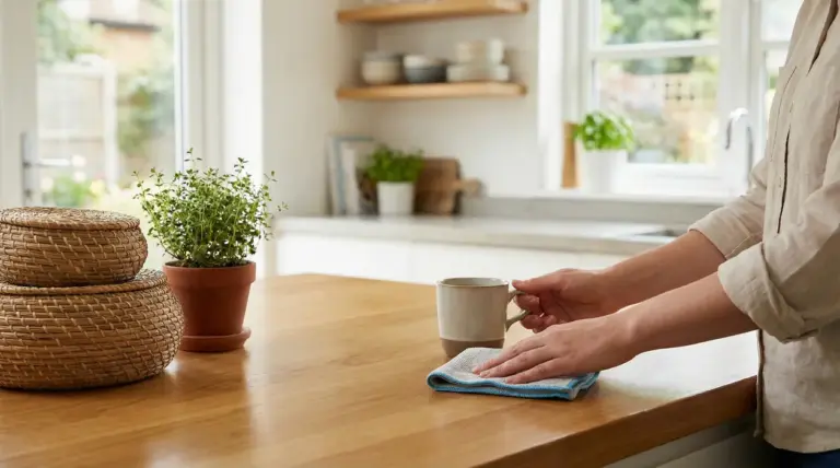 Persona che pulisce un piano cucina in legno con un panno e tiene una tazza in mano
