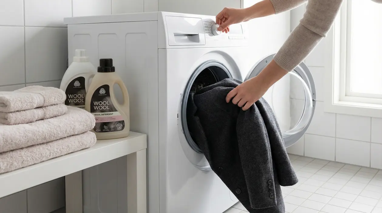 Persona inserisce un cappotto di lana in lavatrice in una lavanderia domestica