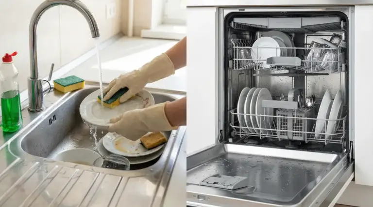 Confronto tra lavaggio dei piatti a mano e lavastoviglie aperta con stoviglie pulite