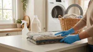 Persona pulisce un maglione piegato con un panno in una lavanderia domestica