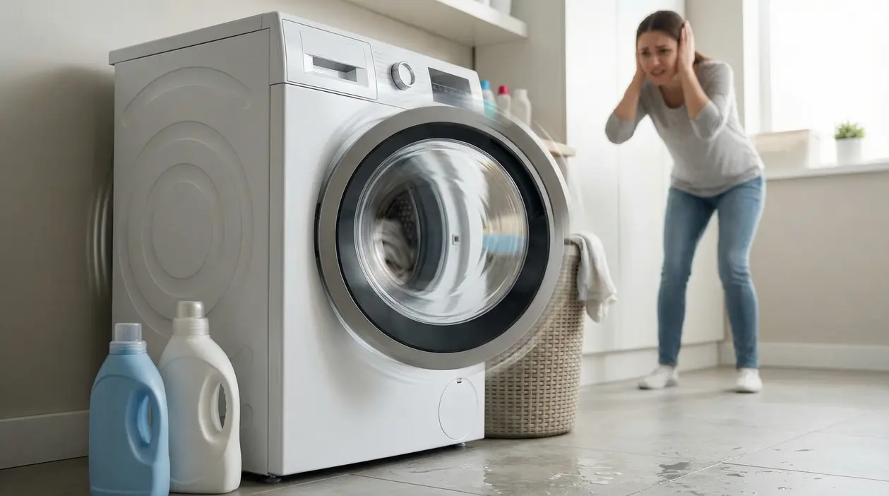 Persona copre le orecchie davanti a una lavatrice rumorosa in centrifuga con acqua sul pavimento