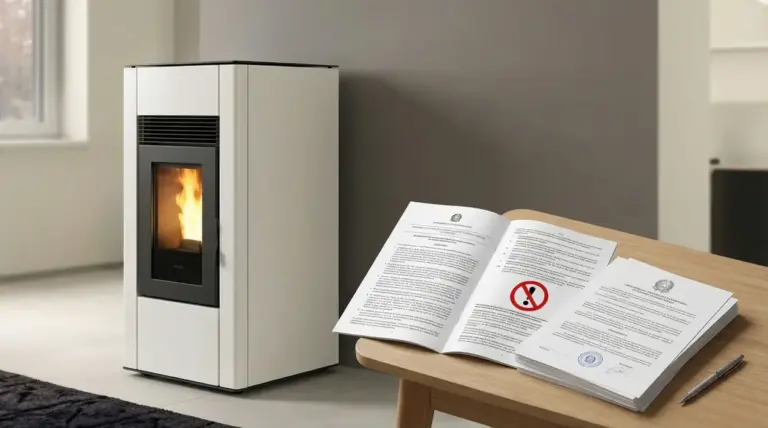 Stufa accesa in un soggiorno moderno accanto a documenti legali su un tavolo